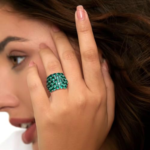925 Sterling Silver Pave Birthstone Chunky Statement Rings for Women Men | 14K Gold Plated/Silver Large Dome Ring Birthday Cocktail Jewelry,Size 6 to 10(with Gift Box) - color: 05-Created Emerald-May