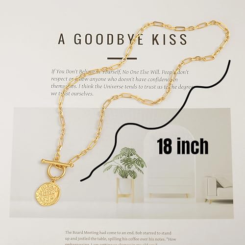 18k Gold Plated Chain Link Necklace for Women, Baroque Pearl/Compass Pendant Necklace - color: Coin Cross