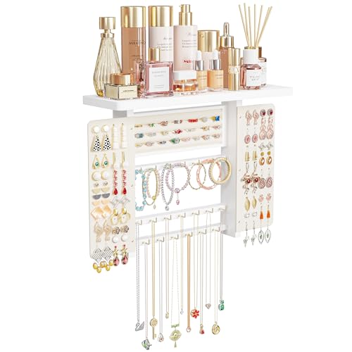 Emfogo Jewelry Organizer Hanging Wall Mounted Jewelry Holder, 5-in-1 Large Capacity Necklace Organizer Wall Hanging Jewelry Display for Ring, Necklaces, Bracelets, Earrings (White) - color: White