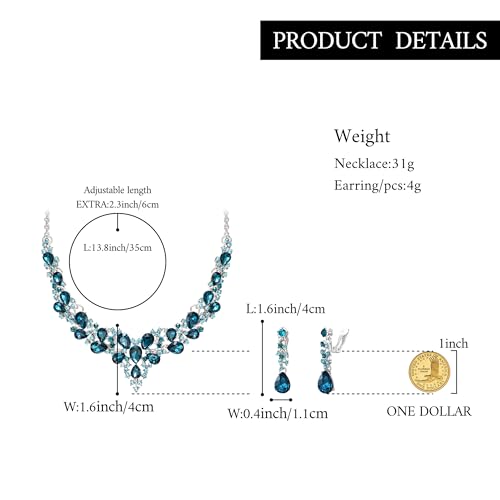 Wedding Statement Necklace Clip-on Earrings Jewelry Set | Sparkling Austrian Crystal Teardrop Cluster for Party Prom Accessories - color: 08-Blue Topaz Silver-Tone