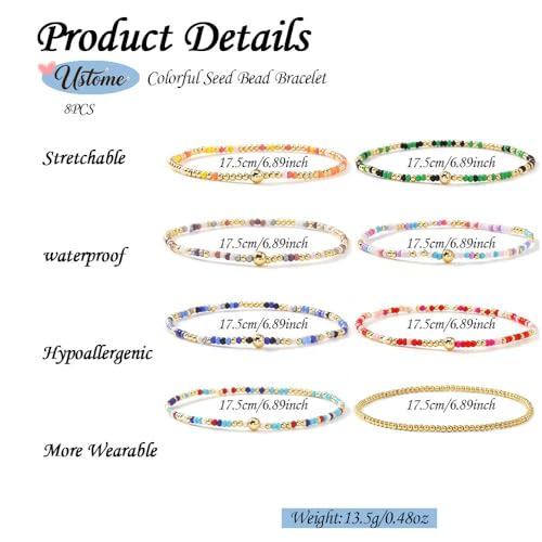 Colorful Stackable Rice Small Mini Seed Beaded Bracelets Set For Women, Handmade Dainty Boho Gold Glass Stretch Accessories Jewelry,Summer Beach Party Daily Friendship Gift - color: Rainbow175