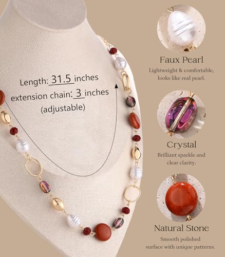 Long Gold Necklaces for Women Trendy Beaded Chain Necklace Chunky Costume Jewelry Gifts for Her - color: Red Agate