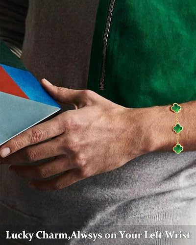 Four Leaf Clover Bracelet for Women 18K Gold Plated Stainless Steel 4 Leaf Link Chain Adjustable Bracelets Lucky Gift for Women/White/Black/Rich Red/Emerald Green/ Navy Blue/Pink Bracelets - color: Green/Gold