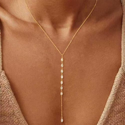 Lariat Necklace for Women, Non Tarnish Dainty Chain Stackable 14K Gold Plated Cute Trendy Layered Necklaces Elegant Jewelry Gift for Women Her - color: Gold, style: CZ