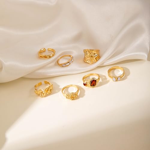 Gold Rings for Women Non Tarnish Boho Stackable Adjustable Open Rings Set Finger Knuckle Stacking Ring Packs Jewelry Gift - color: Gold Chunky Rings 7Pcs