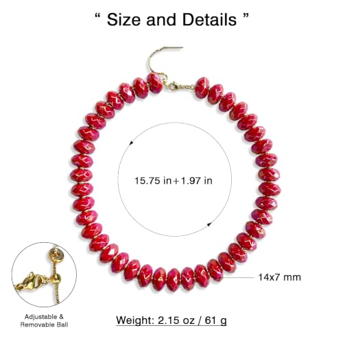 Colorful Chunky Acrylic Beaded Choker Necklaces for Women | Multicolor Faceted Beads, Sturdy Metal Chain, Adjustable Detachable, Lightweight, Summer Boho, Sparkly Statement Jewelry Gift - color: Red