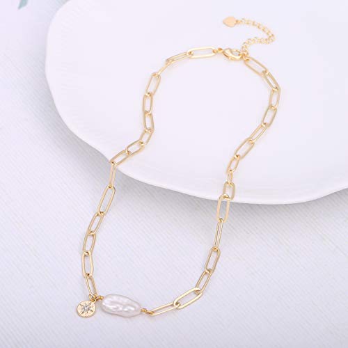 Aobei Pearl 18K Gold Plated Paperclip Chain Choker Satellite Chain Freshwater Cultured Biwa Pearl Pendant Necklace Dainty Turquoise Jewelry for Women - color: Pearl Chain Choker