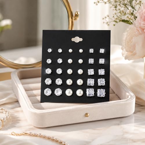 KISS WIFE CZ Stud Earrings Set for Women, Cubic Zirconia Stud Earrings in Multiple Sizes, Triangle Oval Heart Round Pearl Square Earrings, Hypoallergenic Silver Stud Earrings for Cartilage Piercing Jewelry - style: Round+Pearl+Square