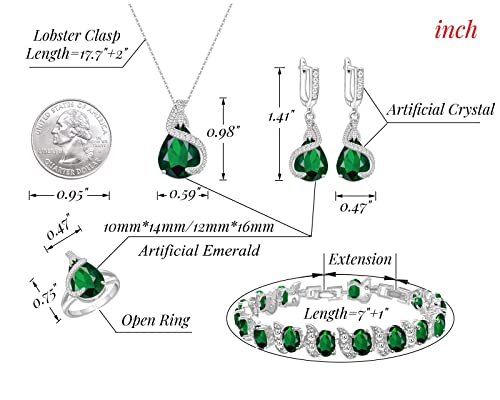 GZWHD Jewelry Set for Women Water Drop Cubic Zirconia Artificial Crystal Earrings Pendant Necklace Open Ring Tennis Bracelet Wedding Anniversary Birthday Engagement Gift for Bridesmaid Wife Girlfriend Friend - color: Green