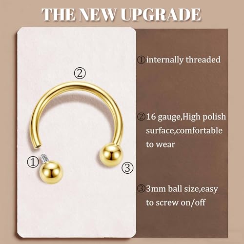 MILACOLATO 2Pcs Implant Grade Titanium Septum Rings for Women Men 16G | G23 Solid Titanium Internally Threaded Horseshoe Circular Barbell Piercing Jewelry for Nose Lip Tragus Eyebrow Helix Daith - color: 2pcs-gold-16g/8mm