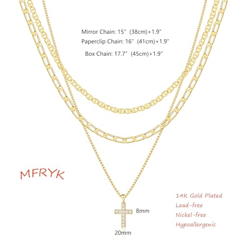 MFRYK Gold/Silver Necklaces Stack For Women,14K Gold/Sterling Silver Plated Simple Layered Choker Necklaces For Women,Stackable Multilayer Pearl Cross Disc Circle Pendant Cuban Herringbone Snake Paperclip Chain Necklaces Set Jewelry Gift for Women - style