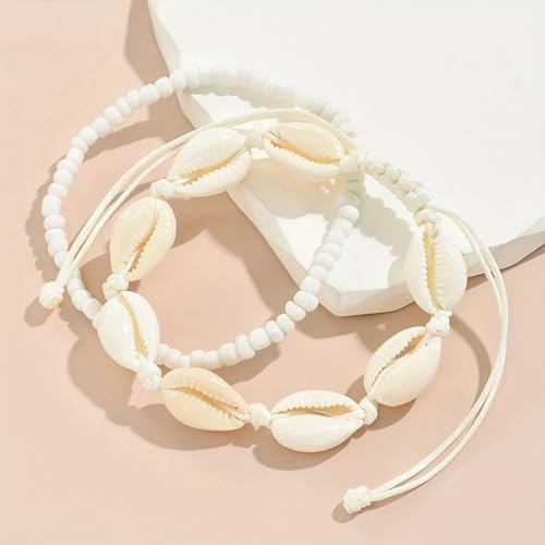 Qceasiy Starfish Ankle Bracelets for Women, Boho Beaded Beach Anklets Set | Gold-plated layered anklets in seashell, disc, and conch styles, with stretch or adjustable fits for summer beach outfits. - color: White 4