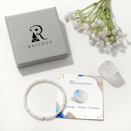 Raicegs 4 6 8MM Beaded Bracelets Healing Crystal Bracelet for Women Men Natural Stone Handmade Stretch Bracelet Reiki Spiritual Jewelry - color: Moonstone, size: 4mm