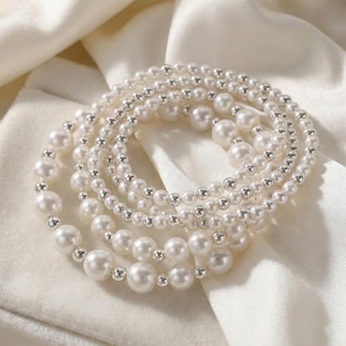 14K Gold Plated Beaded Bracelets Stack Set for Women,Stretch Boho Ball Jewelry Friendship Trendy - color: Silver pearl
