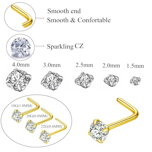316L Surgical Steel 22g/20g/18g Nose Rings Studs L-Shape Nose Nostrial Piercing Body Jewerly L Shaped Nose Studs 1.5mm 2mm 2.5mm 3mm CZ Nose Screw Studs Rings for Women - style: 6pcs/L-shape/18g/2.0mm Clear CZ/Gold