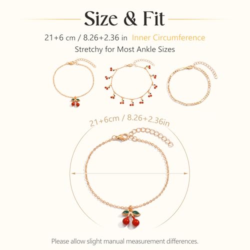 Fesciory Gold Plated Ankle Bracelets for Women, Adjustable Layered Flower Cherry Charm Anklets, Summer Hawaiian Beach Foot Jewelry Gifts - color: Cherry