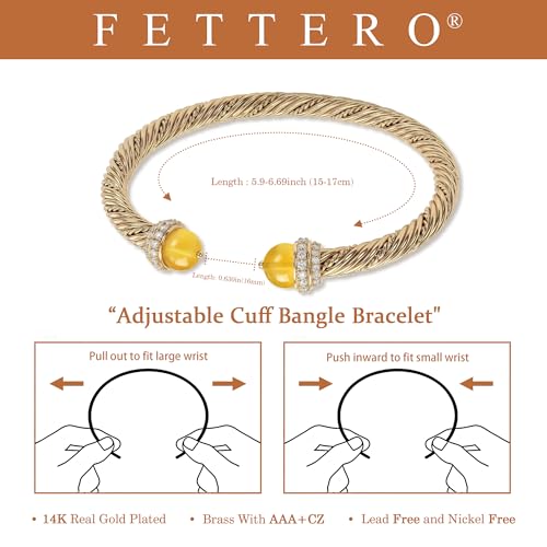 Fettero Gold Cuff Bangle Bracelets for Women - Adjustable Open Cuff Bangles 14K Gold Plated Charm Twisted Cable Bangle Bracelet for Mom Dainty Jewelry Gift - color: Yellow