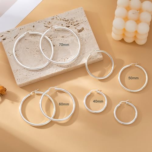 4mm Thick Gold Chunky Earrings Steling Silver Post Hoops Earrings For Women Hollow Tube Hoops Earrings Thick Gold Hoop Earrings Hypoallergenic Lightweight Gold Hoop Large Earrings 20/30/40/50/60MM - color: Silver,70mm