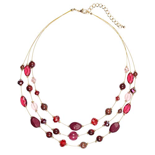 Coiris 3 Layers Illusion Wire Beaded Statement 19.5" Necklace for Women - color: ST0001-wine