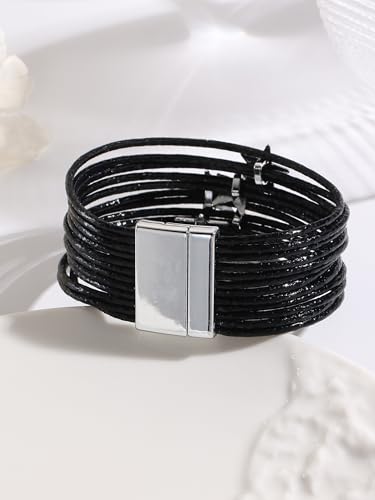 Fesciory Leather Wrap Bracelets for Women, Boho Western Layered Jewelry | Layered leather cuff bracelets, Easy on and off, Boho western style, Daily wear, Gift for women - color: Black 5