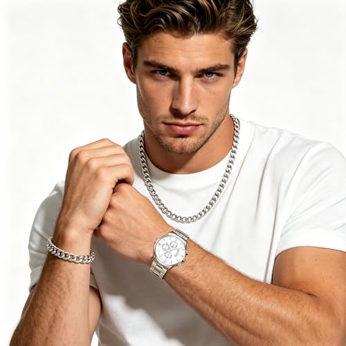 NEWITIN 4 Pieces Black Jewelry Set for Men Stainless Steel Watch Necklace Bracelet Ring Fashion Black Wristwatch Cuban Link Chain Cuban Jewelry Set for Men - color: Silver