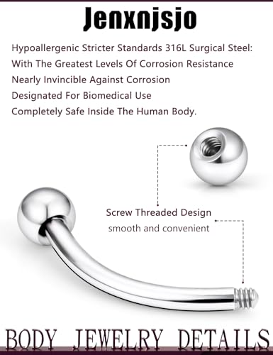 Jenxnjsjo 16g 6/8/10/12mm Silver/Gold/Black Eyebrow/Rook/Snug/Vertical-Labret/VCH/Snake-Eyes/Anti-Tragus/Christina/Daith/Belly-Button/Bridge/Hood/Surface Curved Barbell Piercing Jewelry for Women Men - color: Silver Tone
