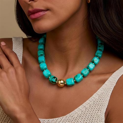 VIBILIA Boho Beaded Chunky Statement Necklace for Women Y2K Summer Jewelry | Boho Handmade Large Resin Bead Strand, Trendy Statement Summer Vacation Holiday Jewelry - color: Square-Turquoise