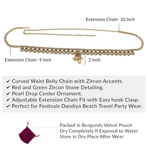 Duel On Jewel Indian Kamarbandh Waist Belt for Women, Gold Plated Waist Belly Dancer’s Chain with Zircon Accents, Adjustable Bridal Wedding Dandiya Party Dance Jewelry, Traditional Ethnic Hip Chain - style: Ethnic