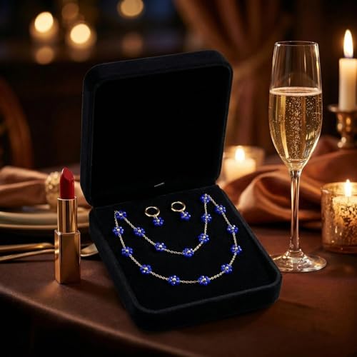 Daisy Pearl Jewelry Set for Women, 14K Gold Plated Stainless Steel Necklace Bracelet Earring 3 Piece Set, Dainty Pearl Choker Flower Necklace Birthday Gift for Her - color: Dark Blue