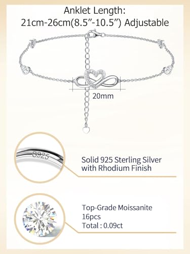Moissanite Infinity Anklet for Women, Real Authentic 925 Sterling Silver Hypoallergenic, Beautiful Summer Jewelry, Dainty Ankle Bracelet, 8.6-10.6inch (21-26cm) Adjustable - color: Romantic Heart - White Gold