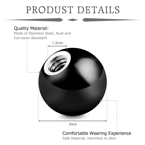 vcmart 16G 3mm Replacement Balls & 14G 5mm Piercing Balls Externally Threaded Nipple Industrial Tongue Belly Nose Lip Ear Piercing Barbell Parts - color: 2 -16G, 3mm balls, black 20pcs