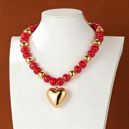 Resin Chunky Colorful Beaded Necklace | Adjustable Boho Statement Necklace,Summer Beach Party Jewelry - color: Heary+Red