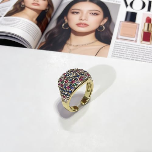 Luxury Dome Cubic Zirconia Adjustable Open Statement Ring for Women Men Gold-Tone Dainty Sparkly Crystal Colorful Rhinestone Geometry Statement Stacking Finger Band Wedding Party Fashion Jewelry - color: Colorful