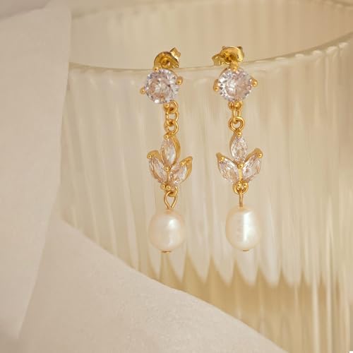Pearl Earrings for Women Trendy, 14k Gold Plated Freshwater CZ Leaf Pearl Dangle Drop Gold Earrings Lightweight Hypoallergenic Stud Earring Bridesmaid Wedding Gold Jewelry for Women Gifts - style: gold pearl earrings