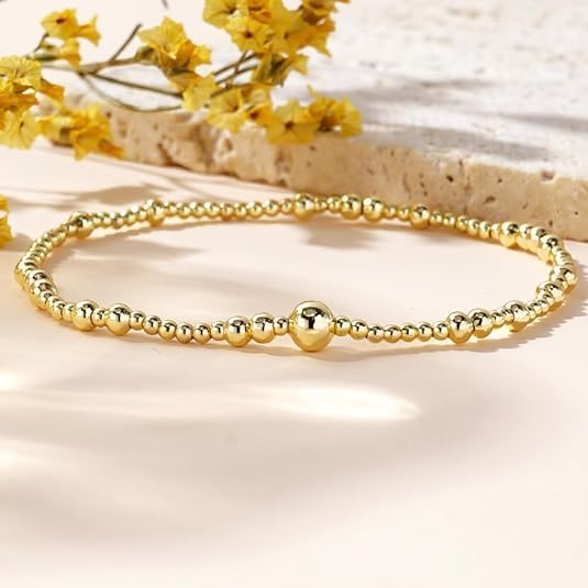 14K Gold Plated Beaded Bracelets Stack Set for Women,Stretch Boho Ball Jewelry Friendship Trendy - color: 3Pcs