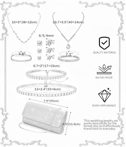 RIOSO Silver Clutch Purse Prom Wedding Jewelry Sets for Women Rhinestone Clutch Silver Necklace and Earring Bracelet Accessories Set for Wedding Formal Bridal Bridesmaid Evening Prom Jewelry