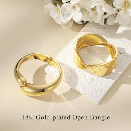 Emibele Cuff Bracelet Stack, 18K Gold-plated Open Bangle Bracelet, Teardrop Hinged Thick Wrist Chunky Bracelet Set for Women, Non Tarnish Jewelry Gift, 2 Pack - color: Gold Stack