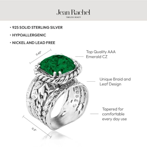 JEAN RACHEL JEWELRY 925 Sterling Silver Braid Leaf Cushion Ring | Ornate statement ring beautifully adorned with sculpted leaf motifs, twisted rope braids, and a CZ center stone. - color: Emerald CZ