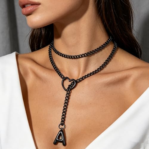 Black Heart Slip Chain Initial Necklaces for Women, Stainless Steel Wrap Choker Necklace, Gothic O-Ring Adjustable Lariat Y Necklaces, Punk Cuban Collar Choker Necklace, Halloween Jewelry Gift - color: Black A