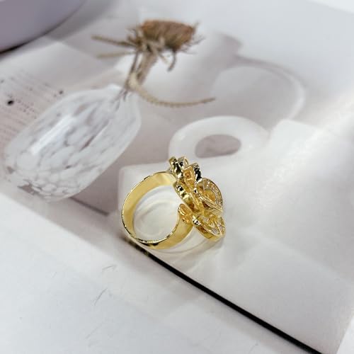 Gold Rose Flower Statement Cocktail Ring for Women Sparkly Rhinestones Crystal Floral Blooming Open Wrap Adjustable Finger Band Rings Stacking Comfort Fit Wedding Engagement Promise Fashion Jewelry