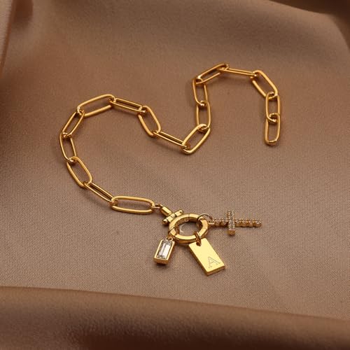 Initial Cross Charm Bracelet, 18K Gold Plated Dainty Paperclip Link Chain Bracelets for Women, Non Tarnish, A-Z Letter Bracelet Personalized Gifts Gold Jewelry for Women - color: Letter-K