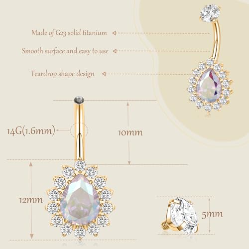 AROWRO Gold Belly Button Ring G23 Titanium Hypoallergenic 14G belly ring for Women Men Teardrop Navel Piercing Jewelry 10mm Barbell With Cubic Zircon - color: Gold+Aurora Borealis CZ