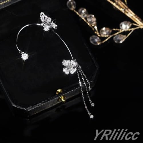 2Pcs Butterfly Ear Cuffs Rhinestone Clip On Earrings | Rhinestone butterfly ear cuffs with non piercing clip on design; silver ear wrap climber jewelry for parties and weddings - style: Style D Silver