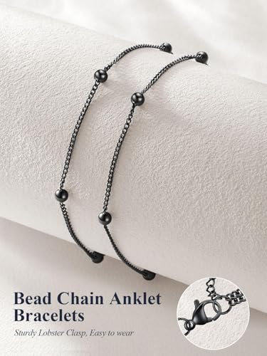 U7 Silver/Gold/Black Ankle Bracelets for Women Layered Chain Anklets | Stainless Steel Anklets Waterproof Summer Beach Anklet Charm, Adjustable 8.5"-10.5",Layered Anklet Fashion - color: Black - Layered Ball Chain
