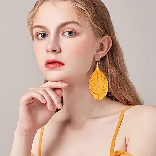 YUNXI Large Genuine Soft Leather Handmade Fringe Feather Lightweight Leaf with Simple Drop Metal Bar Tear Drop Dangle Color Earrings for Women - color: Light Yellow