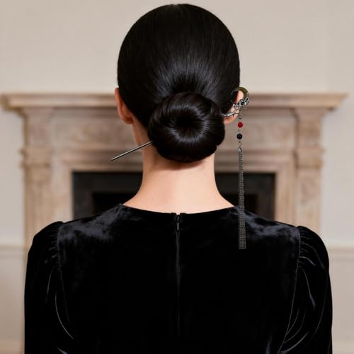 6PCS Chinese Hair Sticks Set, Black Japanese Hair Stick with Pearl Flower Butterfly Design Metal Hair Chopsticks Hair Bun Updo Holders Long Thick Hair Accessories for Women - color: 6pcs Black