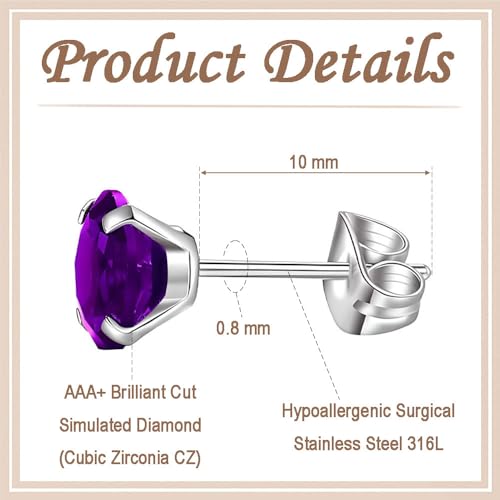 12 Pairs Stud Earrings Set, Hypoallergenic Surgical Stainless Steel 316L Earring for Women Men, Small Earring Studs Pack with Cubic Zirconia - color: Purple-6 Sizes-3,4,5,6,7,8