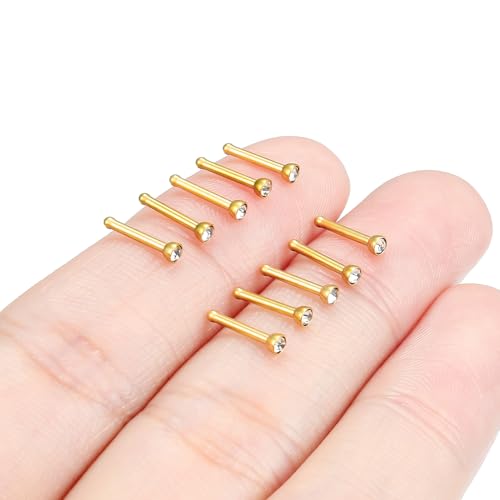 Hoeudjo Nose Studs Surgical Steel Cubic Zirconia Nose Rings Kit for Women Men Tiny Nose Stud Bone & Screw & L Shaped Nostril Piercing Jewelry 18/20/22/24 Gauge 10 Pieces - color: gold-tone,nose bone studs, size: 18g/2mm clear CZ