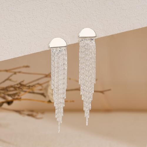 Gold Earrings for Women, 14K Gold Plated Tassel Dangle Earrings for Women Trendy Hypoallergenic Long Chain Earring Dainty Pearl Drop Earrings Elegant Wedding Earring Fashion Jewelry for Womens - color: 11tassel earrings-silver