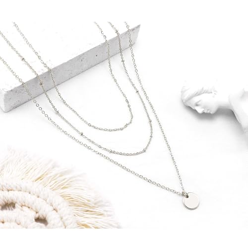 Aisansty Dainty Layered Choker Necklaces Handmade Coin Tube Star Pearl Pendant Multilayer Adjustable Layering Chain Gold Plated Necklaces Set for Women - color: Silver, style: Silver-Layered Disc